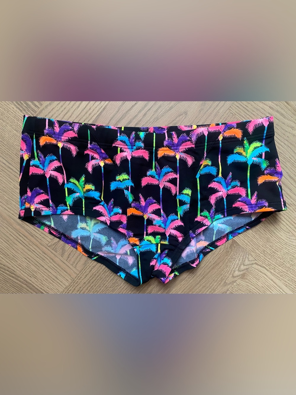 Men's Black Swim Shorts with Neon Palm Print